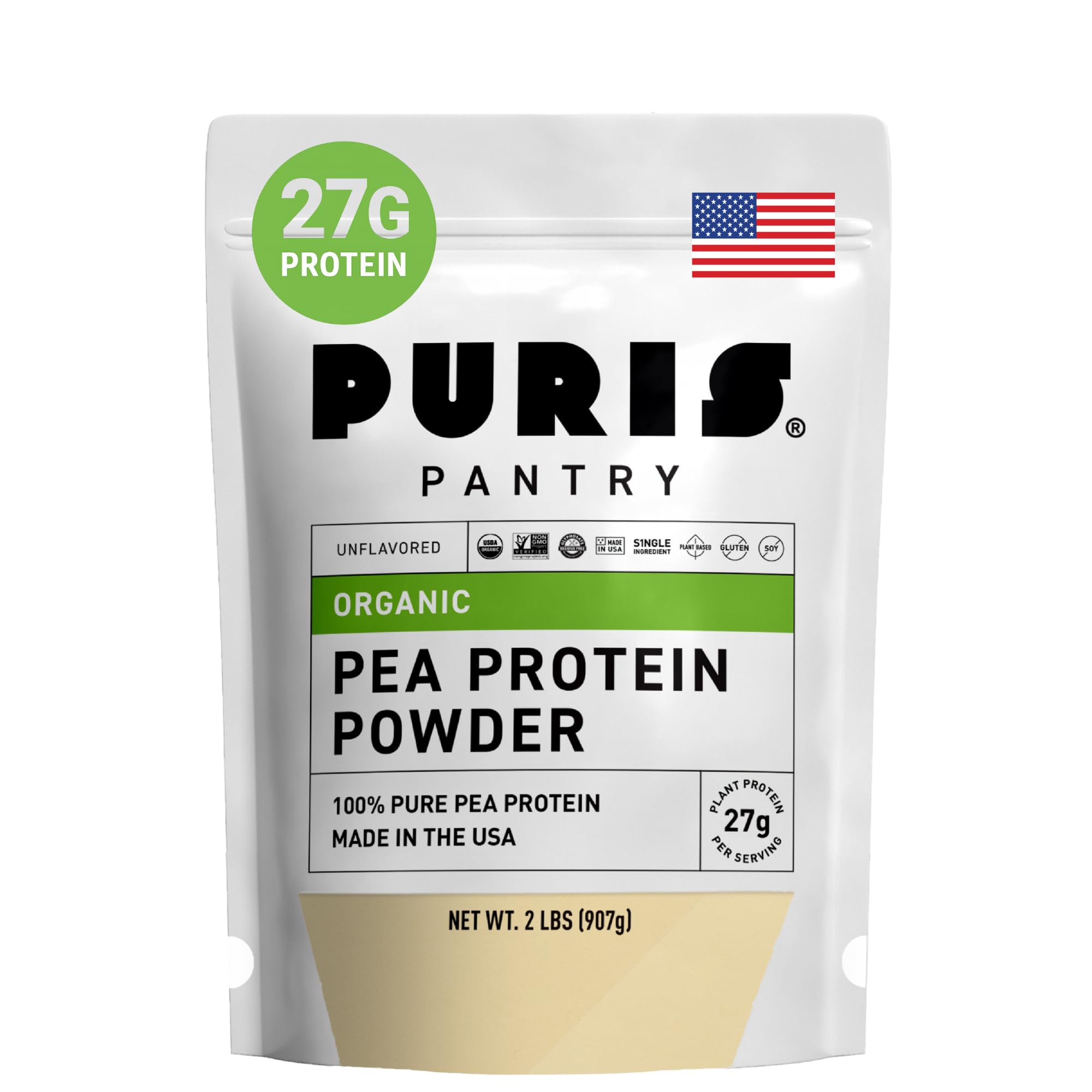 PURIS® Organic Pea Protein Powder, 100% Grown, Processed and Packed in USA, Plant Based, 2 LB Unflavored, Organic, Vegan, Gluten Free, Dairy Free, Non GMO, Keto