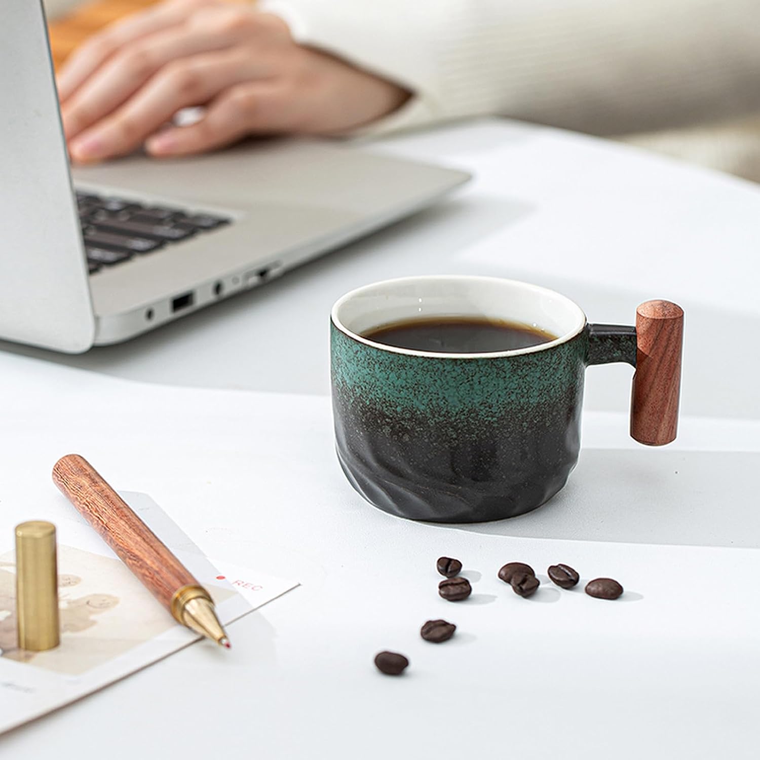 2.5oz Ceramic Espresso Cups with Wooden Handle, Chinese KungFu Tea Cup, Coffee Cups Set of 4 (Green)