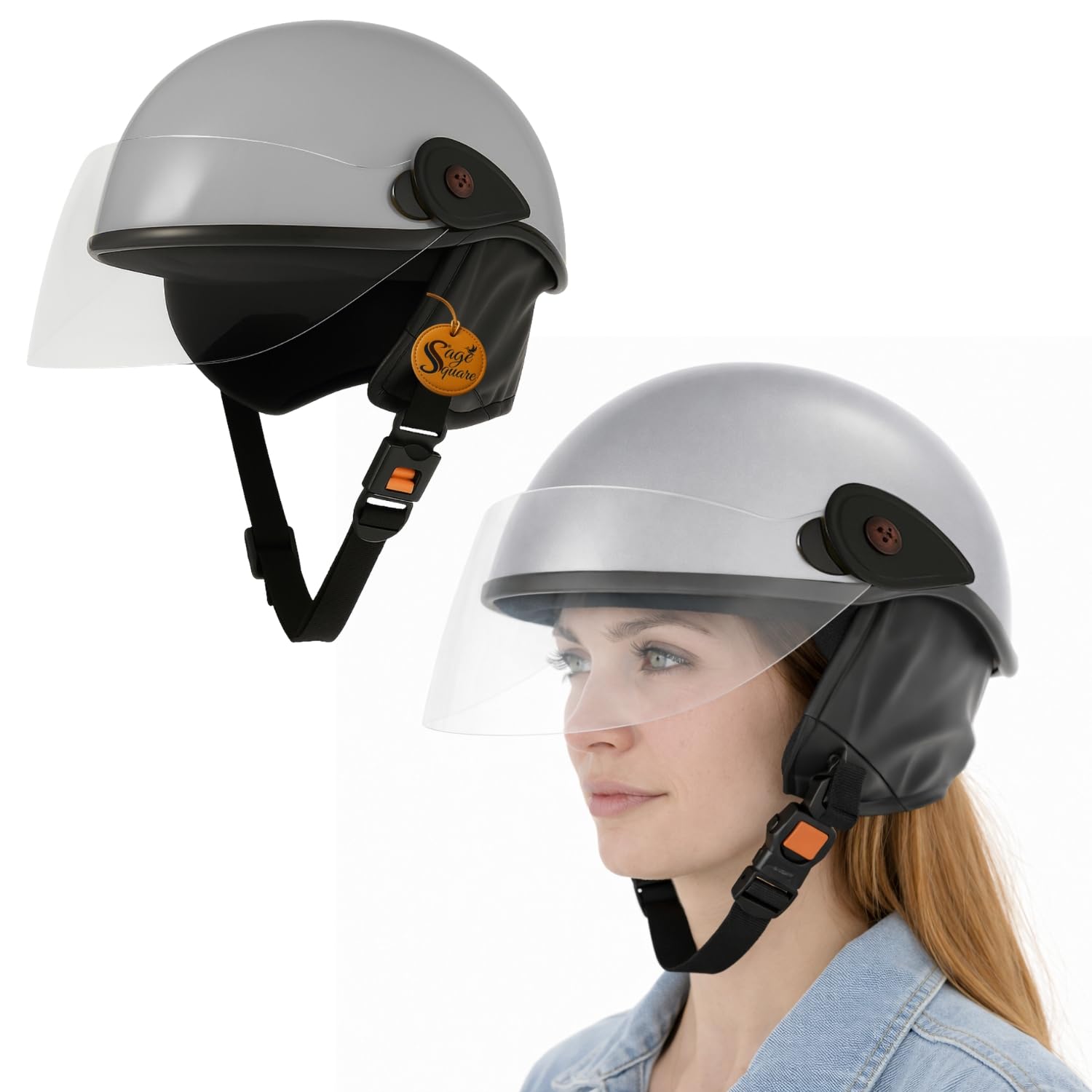 Sage Square Multi-Purpose Helmet with Clear Visor | Lightweight Impact-Resistant | Adjustable Chin Strap | Shock Absorbing, Aerodynamic Design, All-Weather for Non-Motorised | Silver Glossy-picture-24