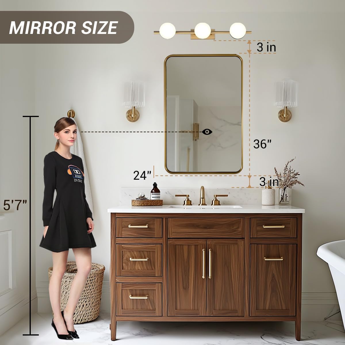 andy star gold bathroom wall mirror, 24x36 inch rectangle mirror for bathroom with rounded corner, brushed brass rectangular vanity mirror with anti-rust tube metal frame, contemporary, wall mount brushed gold 36"l x 24"w