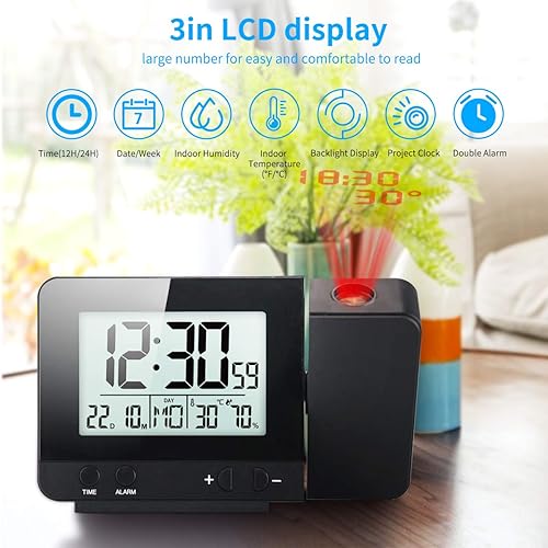 Miniatura 2 de Jhua Reloj despertador de proyección digital regulable con higrómetro de temperatura interior, cargador USB, pantalla LCD, relojes despertadores