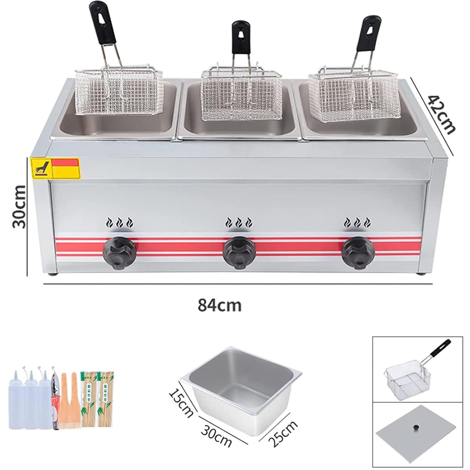 Friggitrice A Gas Grande capacità 10l/20l/30l,Friggitrice in Acciaio Inossidabile,Potenza Fuoco Regolabile,con Cestelli E Coperchi,per Patatine Ciambelle Pesce,Triplecylinder10l+10l+10l