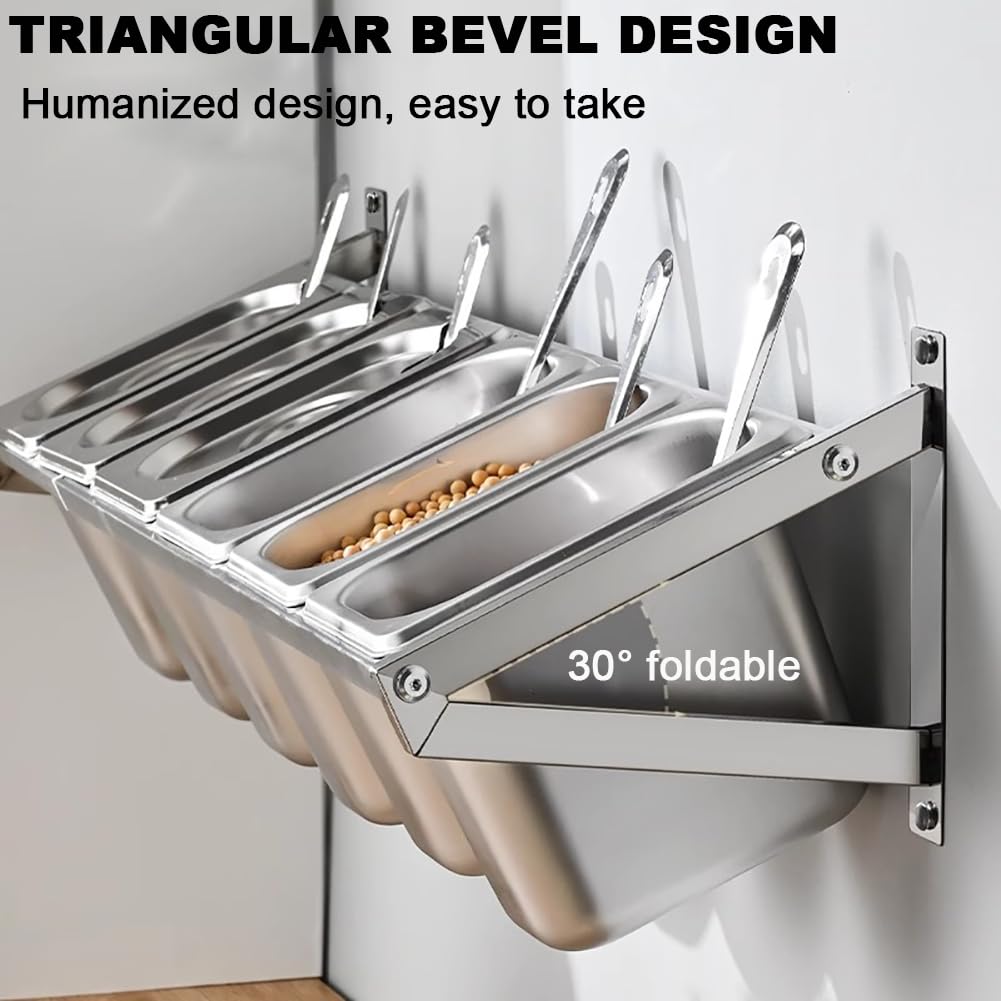 Scaffale commerciale da parete in acciaio inox con coperchio e cucchiaio, set di contenitori dispenser per spezie, stazione dispenser per insalata, scomparto per coperchi da