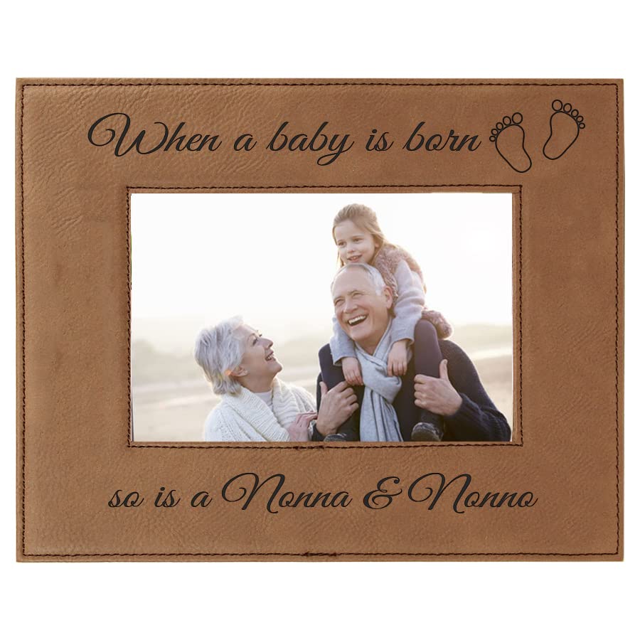 CustomGiftsNow When a Baby is Born so is a Nonna & Nonno Laser Engarved Faux Leather Dark Brown Leatherette Wall Hanging/Tabletop 4x6 Landscape Picture Group Family New Grandchild Baby Photo Frame