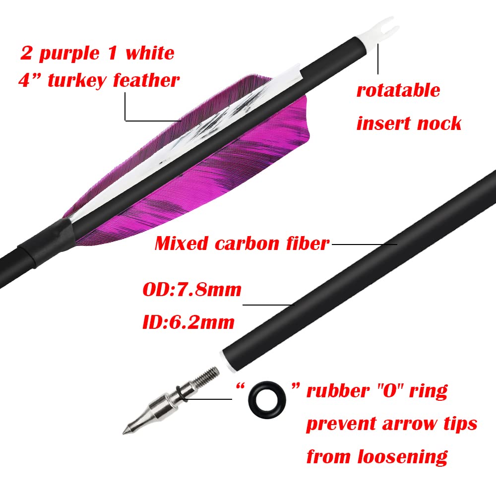 6pcs Flèches en Carbone de Tir à l'arc 28/30/31 Pouces Flèches de Chasse Spine 500 avec Plume Nature pour Arc Classique Arc à Poulies