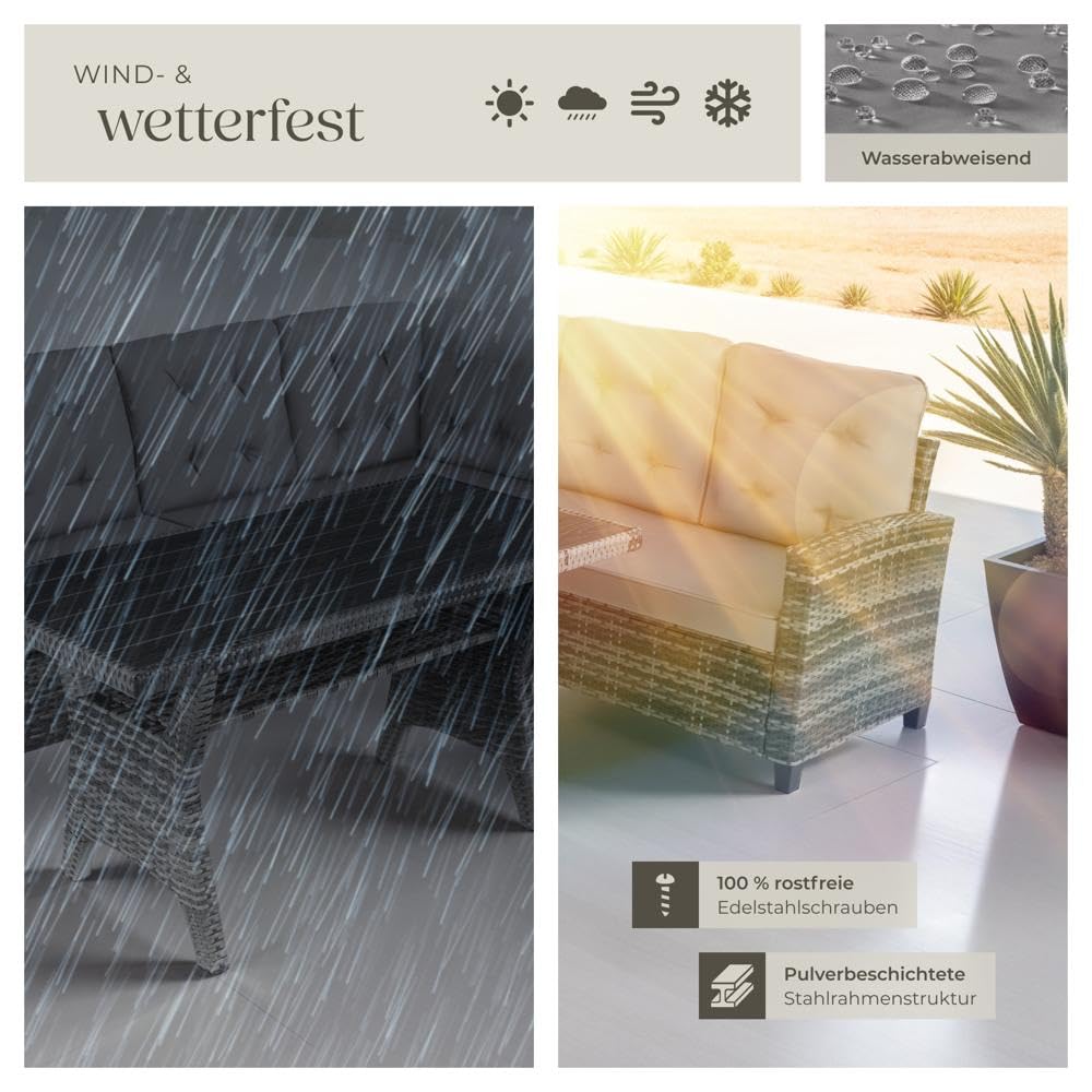 tectake® Gartenbank, Set mit Bank und Esstisch, Rattan Eckbank Outdoor Lounge, Sitzecke wetterfest als Gartenlounge, Balkon Möbel, Wintergarten, Terrasse - grau
