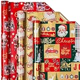 MAYPLUSS Reversible Christmas Wrapping Paper Rolls - 17' X 120' Per Roll - Classic Vintage Funky Red Santa Claus Wrap Present Paper for Festive Celebrations