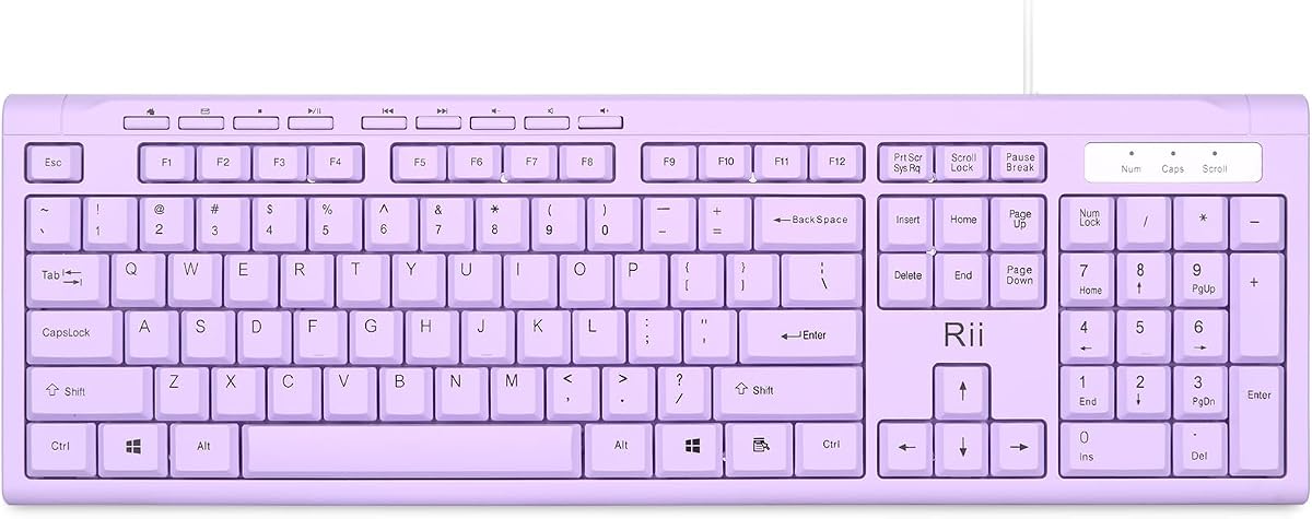 Rii RK907 Ultra-Slim Compact USB Wired Keyboard for MAC and PC-Purple | Full-Sized,Wired QWERTY Keyboard,Plug and Play,Home or Office for Mac and PC,Windows10/8/7/Vista/XP