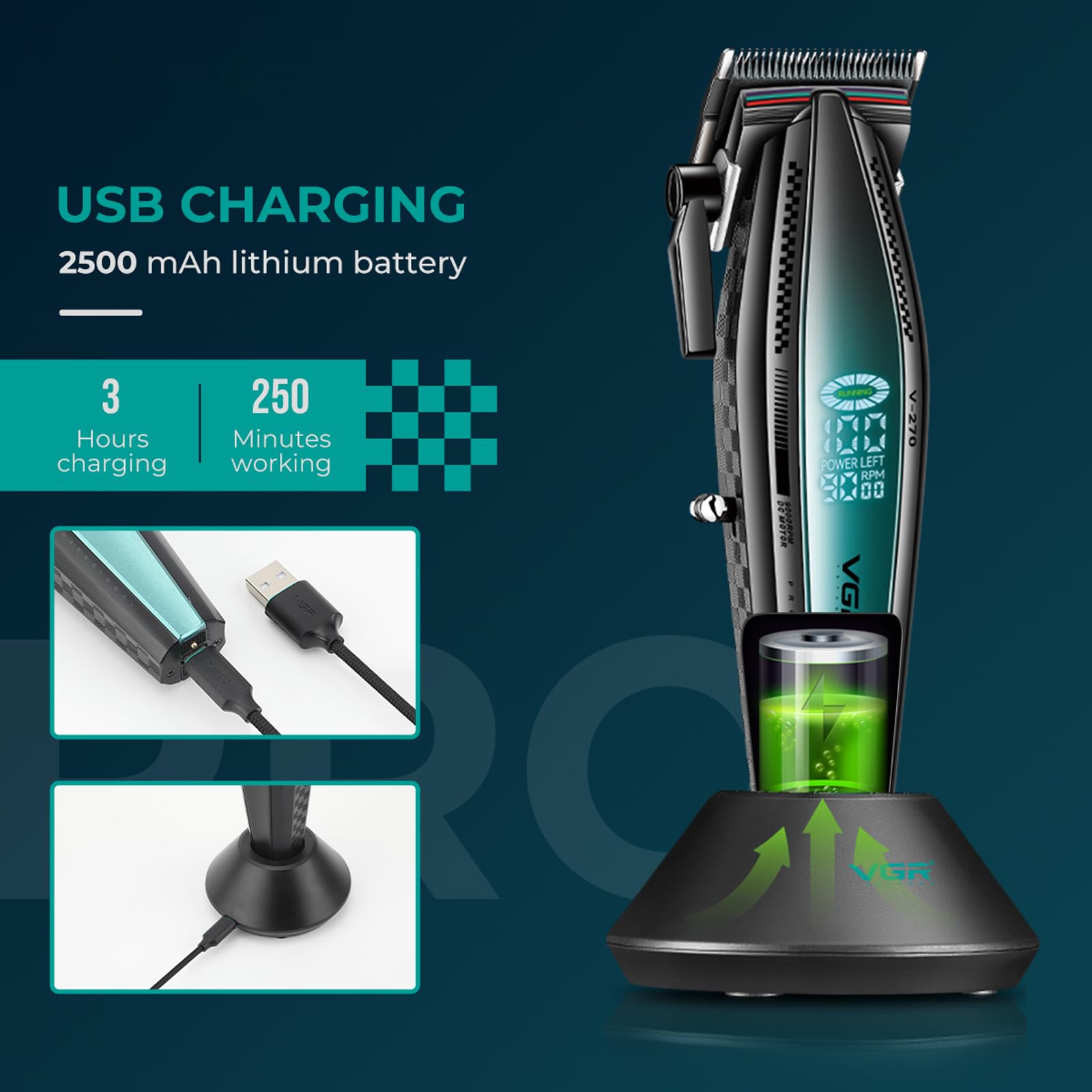 VGR 270 cortapelos para hombres profesionales, de bajo ruido, inalámbrica, de alta velocidad, 9000 RPM, cuchilla de cerámica de decoloración fresca, kit de corte de pelo con 6 peines guía, base de 4