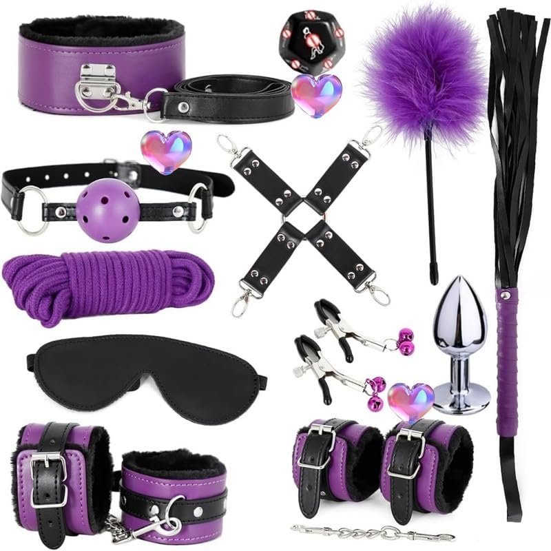 Novelty 12 Piece Leather Multi-Purpose Pilates Training Set (Purple Black), Indoor Hip and Wrist Sports Fun Dice Accessories, Couple Gift