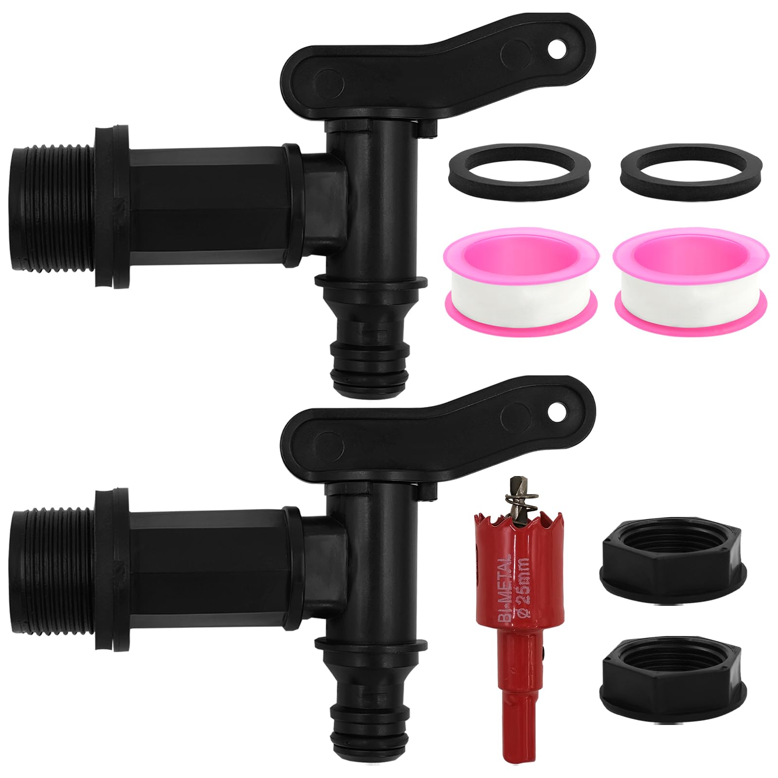 2Pcs 3/4" Water Butt Tap, Snap-Fit Waterbutt Taps with Hole Cutter, Black Thread Water Butt Tap Replacement for Garden Outdoor Taps Hose Pipe Rain Barrel