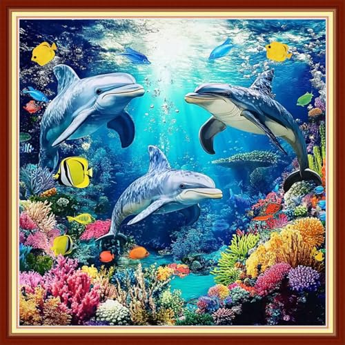 Image of Joyhoor Cross Stitch Kits for Beginners Stamped Cross-Stitch Supplies Needlework preprint Embroidery Kits for Adults DIY Needlepoint Kits Embroidery Patterns 11CT-Underwater World 18x18 inchs