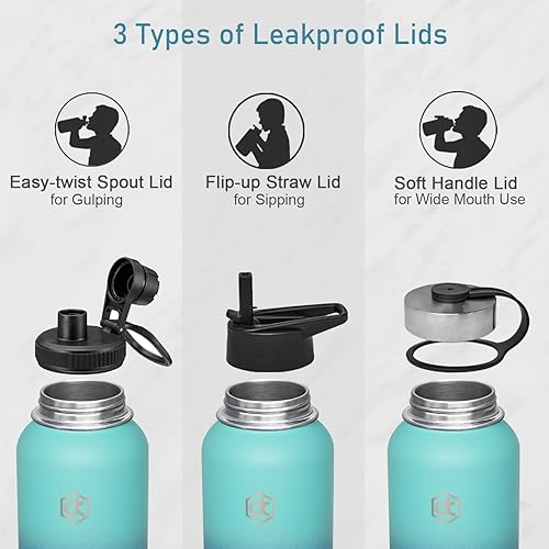 Miniatura 3 de Botella de agua aislada de 32 onzas con popote y 3 tapas, taza térmica de acero inoxidable de 32 onzas, cantimplora de metal, sin BPA, doble pared