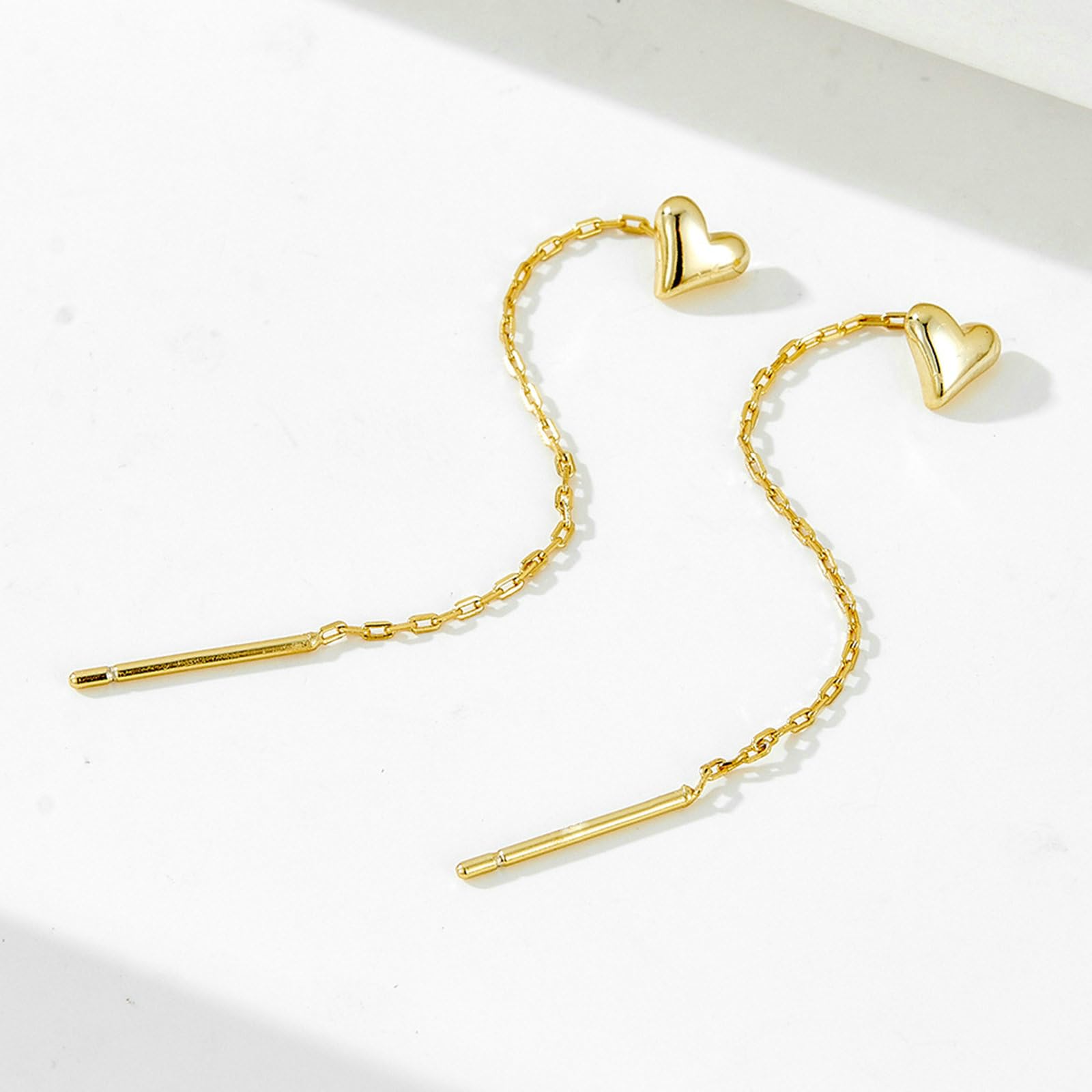 Durchzieher Ohrringe Gold 750 585 375 Damen, Ohrhänger Durchzieher Herz mit Lange Kette Hochzeit Ohrringe Allergiefrei für Frauen