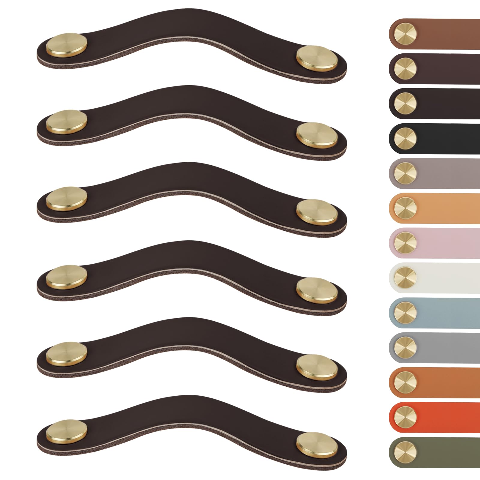 LEREATI 6pcs Leather Drawer Handles Fit to 160mm Cupboard Hole Pitch, Faux Leather Pulls Cabinet Handles, Drawer Knobs for Kitchen, Bathroom, Dresser, Wardrobe (160mm Hole Center, Golden + Dark Brown)