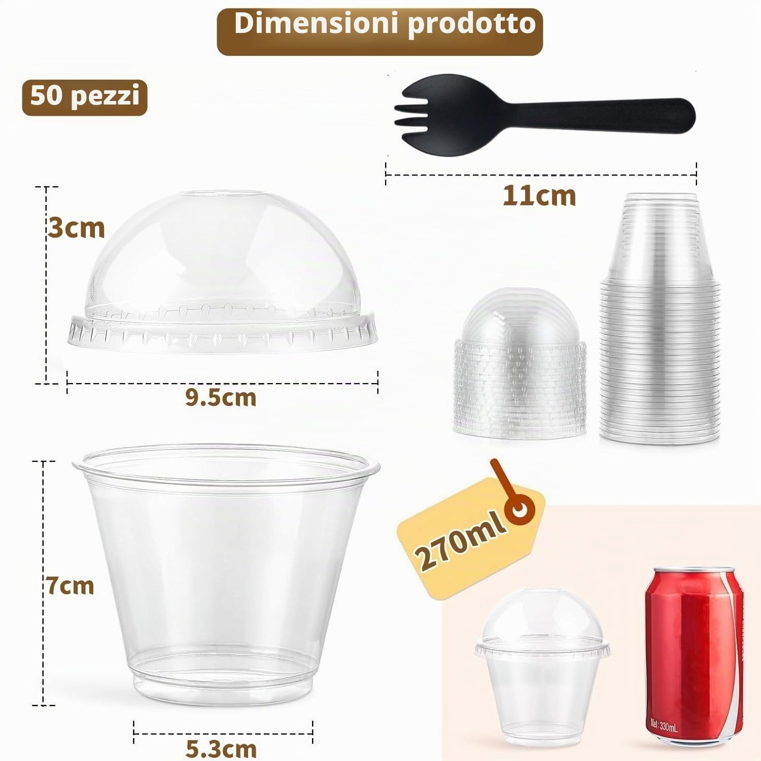 LATERN 50 Pezzi Bicchieri da Dessert in Plastica con Coperchi a Cupola, 270ml Rotonde Tazze da Dessert Coppa Trasparente per Antipasti Parfait Ciotola da Portata Riutilizzabile con Forchette