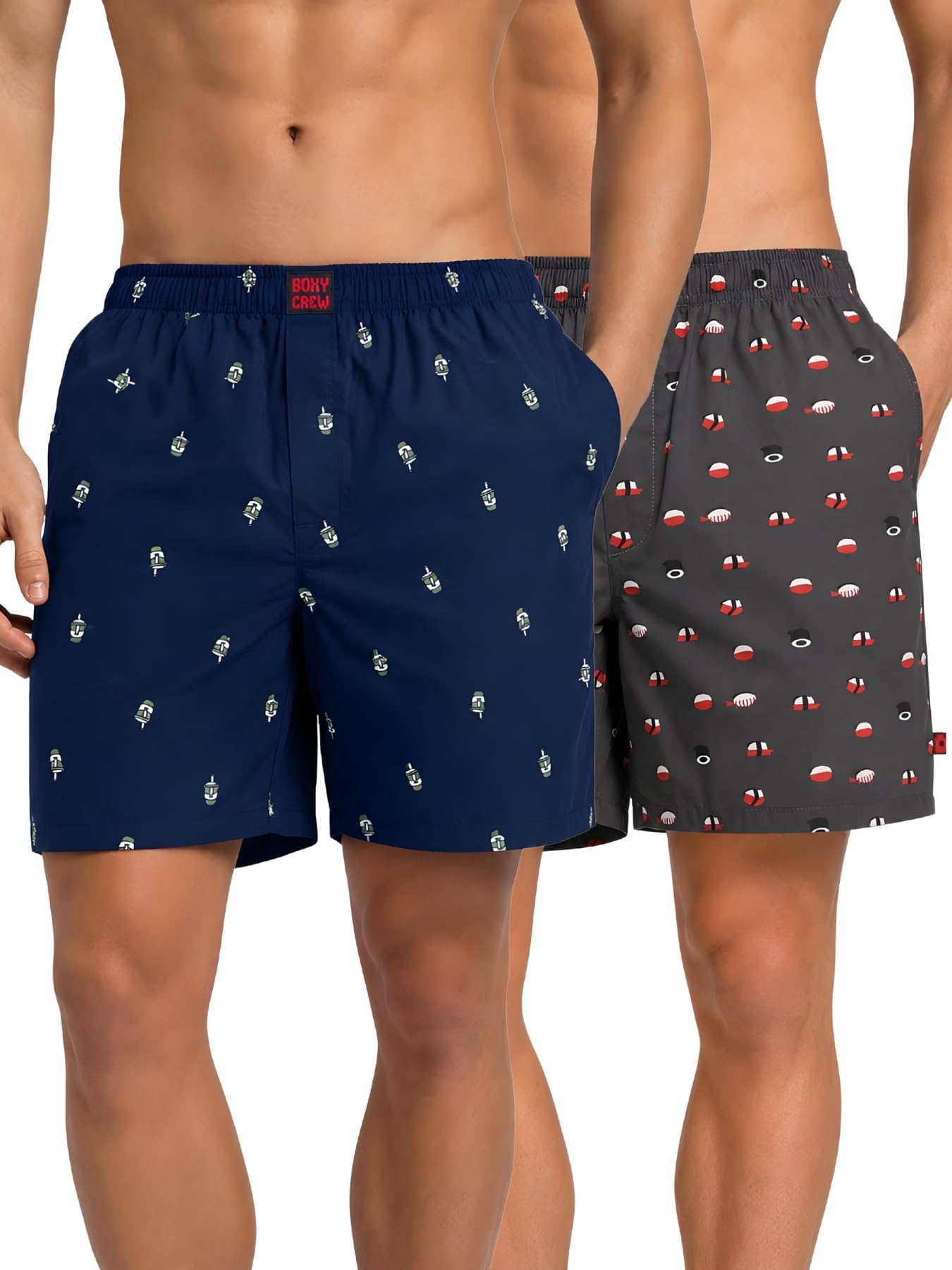 boxy crew Men Boxer Shorts Pack of 2, 100% Cotton Woven Boxers, Navy Blue & Charcoal, Printed Designs, Dual Side Pockets, No-Marks Inner Elastic Waistband, Relaxed Fit Lounge & Sleep Shorts-picture-28