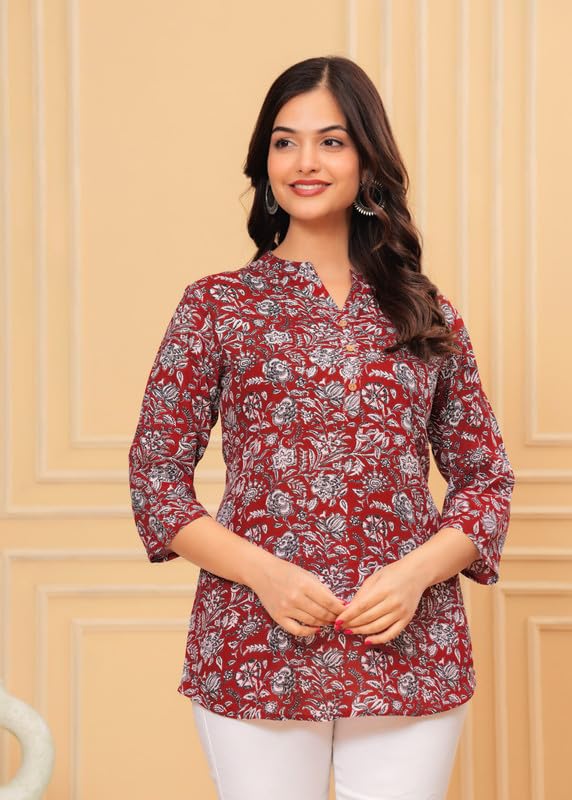 Image of Women's Cotton Printed Kurta Top | 3 /4 Sleeve Straight Kurti Casual Outings