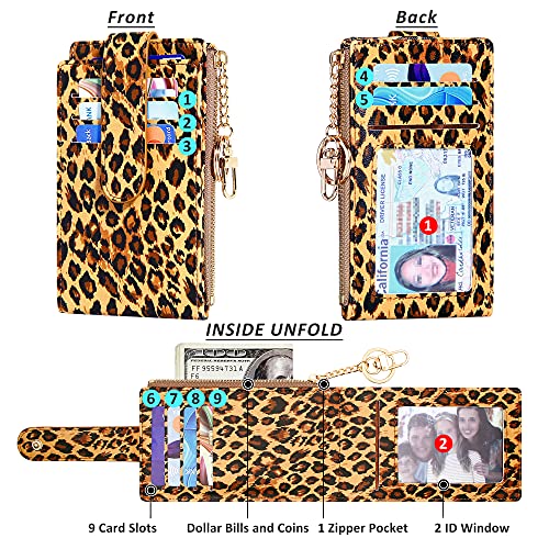 Image of Badiya Slim Women Wallet RFID Blocking Bifold Compact 9 Card Slots Holder Wallets Soft Leather with Zipper Coin Pocket 2 ID Window