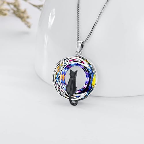 Miniatura 2 de TOUPOP Regalos de gatos para amantes de los gatos, collar de plata de ley con colgante de gato en la luna con círculo azul de cristal de cumpleaños,