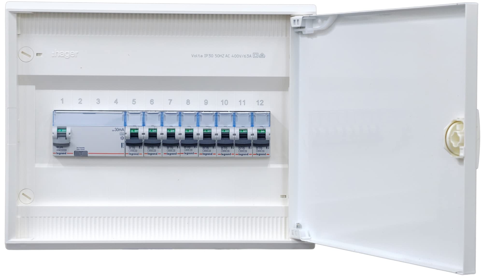 Hager Aufputzverteiler 1-reihig VA12CN ANSCHLUSSFERTIG verdrahtet mit Klemmblock. Bestückung 1xFI 4-polig+8x LS B16A