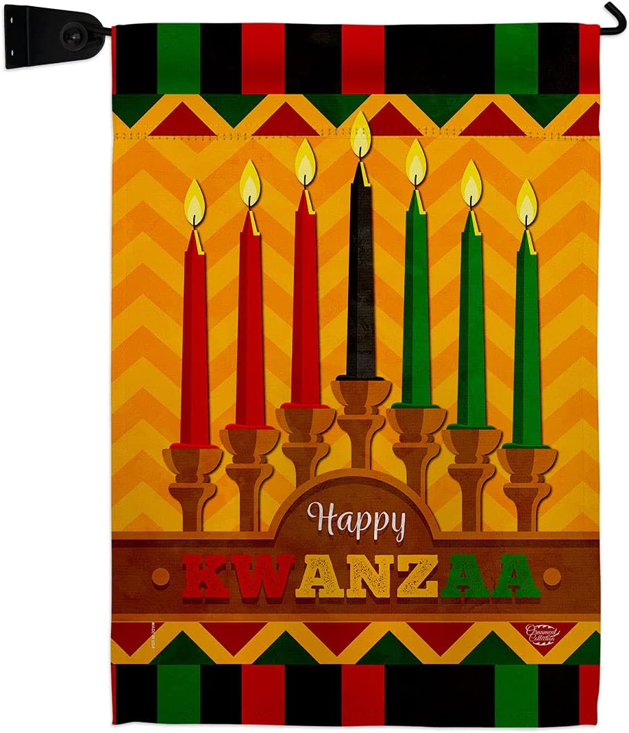 Happy Kwanzaa Holiday Garden Flag Set Wall Holder Black History Kinara Candles Celebrates African Americans Heritage Small Decorative Gift Yard House Banner Made In USA 13 X 18.5