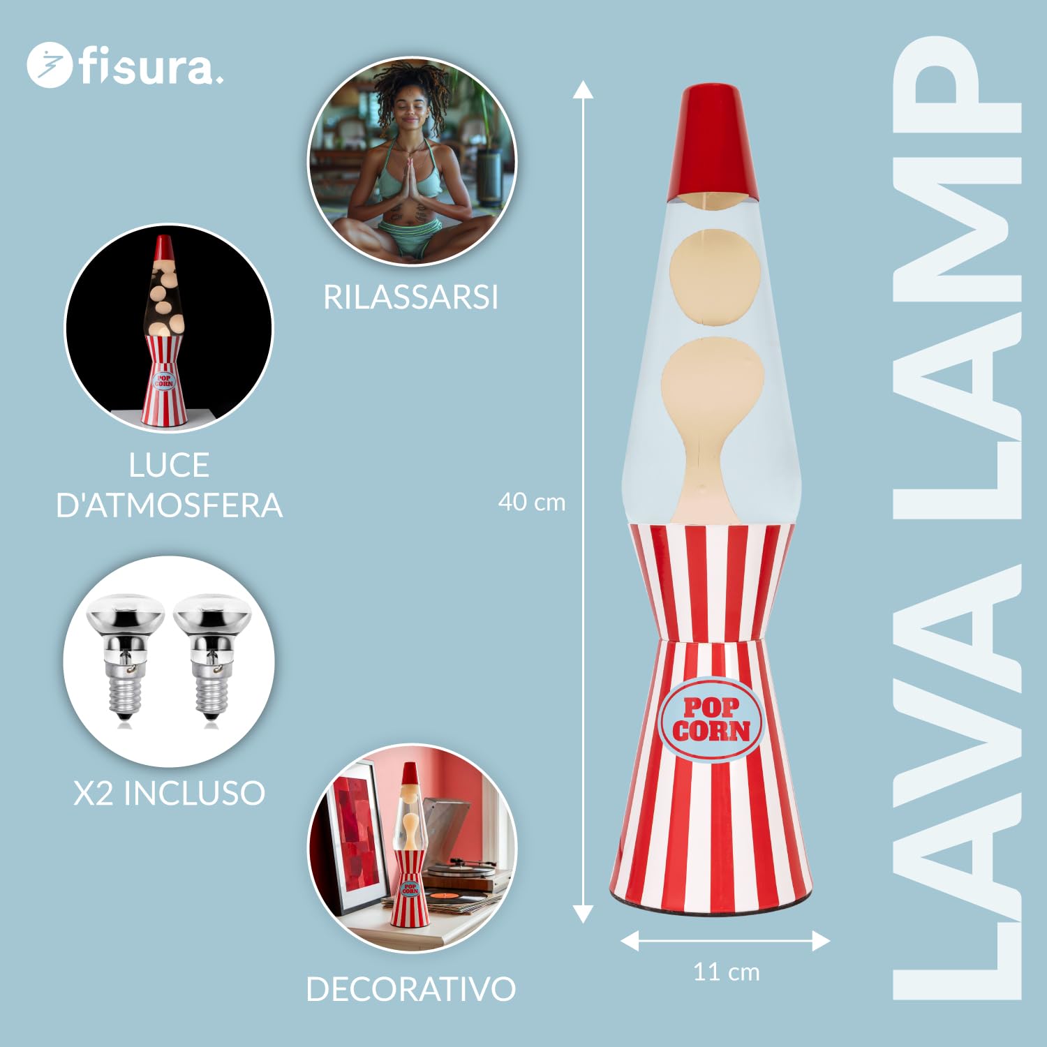 Fisura – Lampe à lave décorative “Pop corn”. Lampe relaxante au design original pour maison ou bureau, base à rayures et lave blanche, ampoule de rechange incluse, 11 x 11 x 40 cm