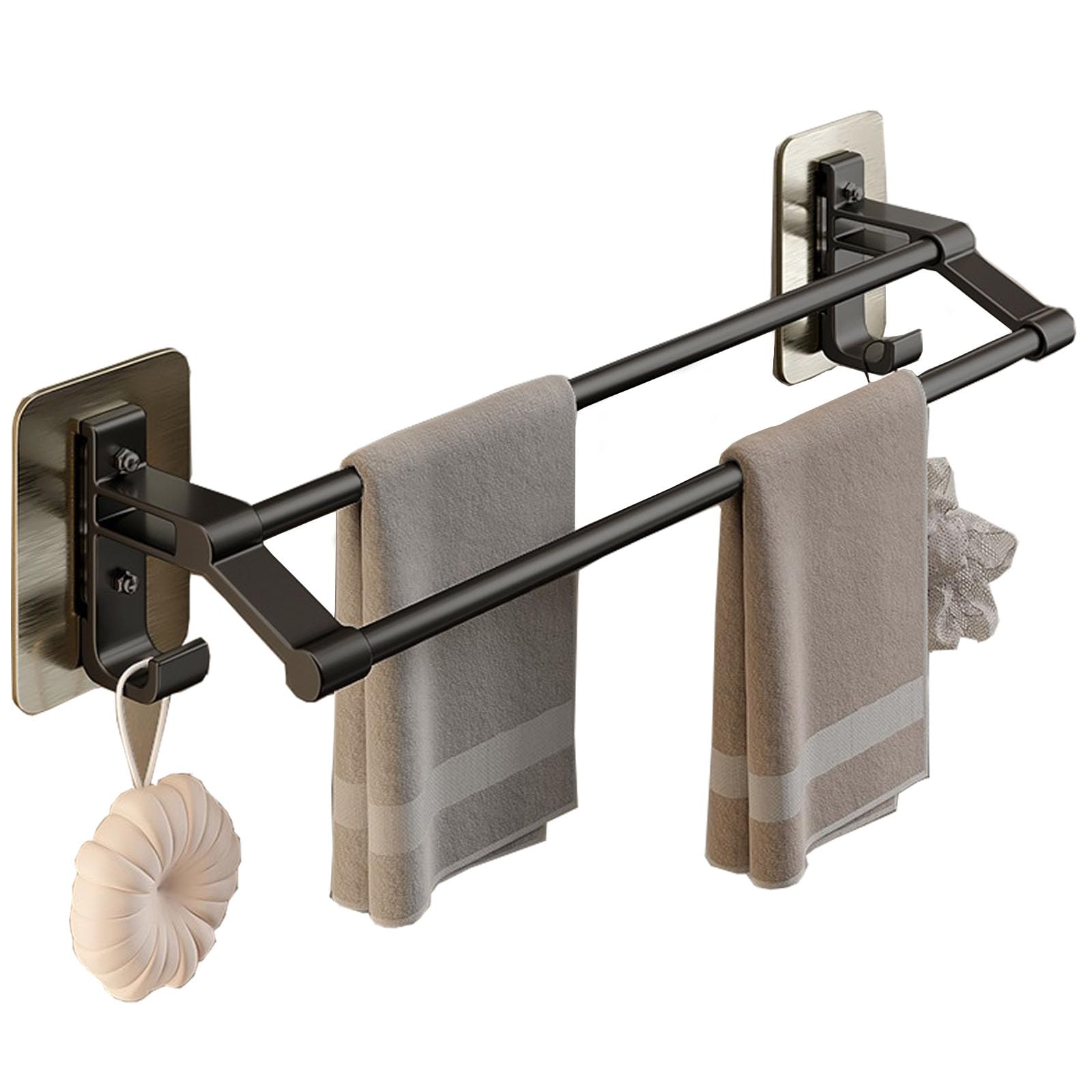 ANMEISHSelf Adhesive Towel Rail 60cm,Black Stick On Towel Bar,Anti Rust Aluminium Towel Rack Holder,Double Tea Towel Rail Wall Mounted for Bathroom Kitchen Shower Easy to Install No Drilling