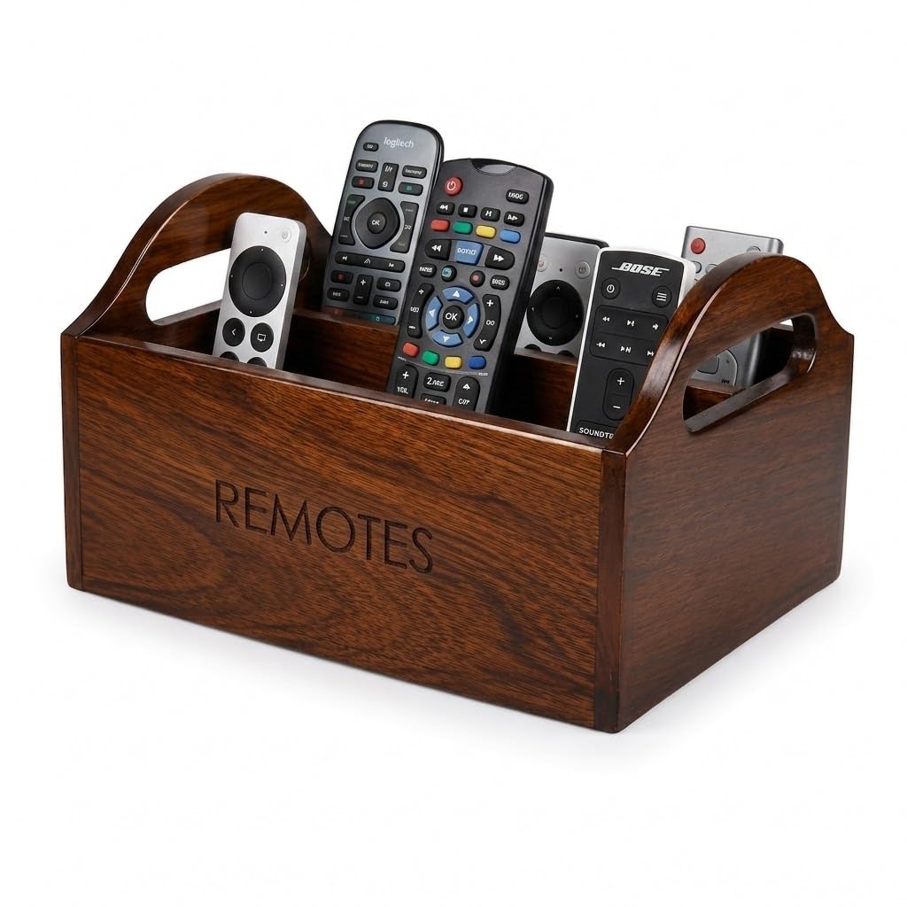 Wooden Remote Control Holder Organizer for Table | Multipurpose TV Remote Stand | Desk Storage Caddy for Living Room, Office & Bedroom | Caddy with Handles, Multiple Compartments-image-12