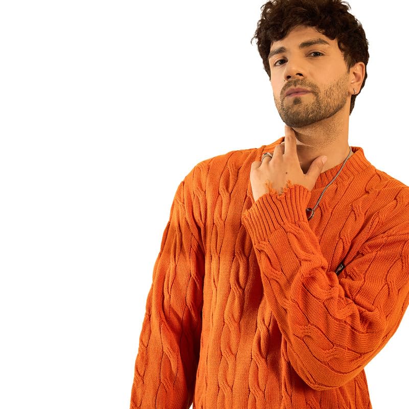 fugazee Tangerine Cable Knit Distressed Sweater for Men | Oversized Acrylic Wool Winter Pullover | Drop Shoulder Full Sleeve Crew Neck Knitwear | Textured Ribbed Cuffs-picture-16