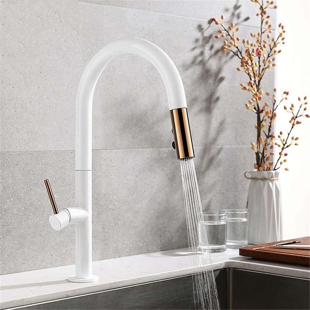 YEE Pull Out Kitchen Faucet, Rose Gold And White Sink Mixer Tap, 360 Degree Rotation Kitchen Mixer Taps Kitchen Tap