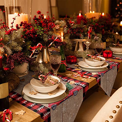 Z&L Home Linen Burlap Table Runner Dresser Scarves,Retro Red Truck And Christmas Tree Table Runners For Dinner Holiday Party, Christmas Eve, Kitchen Dining Decor Farmhouse Wood Grain 13X120In #TOP4