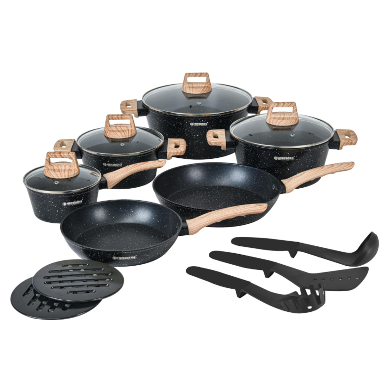 Herzberg Batterie de Cuisine 15 Pièces Aluminium Forgé HGWDMRB15, Noir | aluminium forgé, revêtement antiadhésif, couvercles en verre, ustensiles inclus, induction, lave-vaisselle