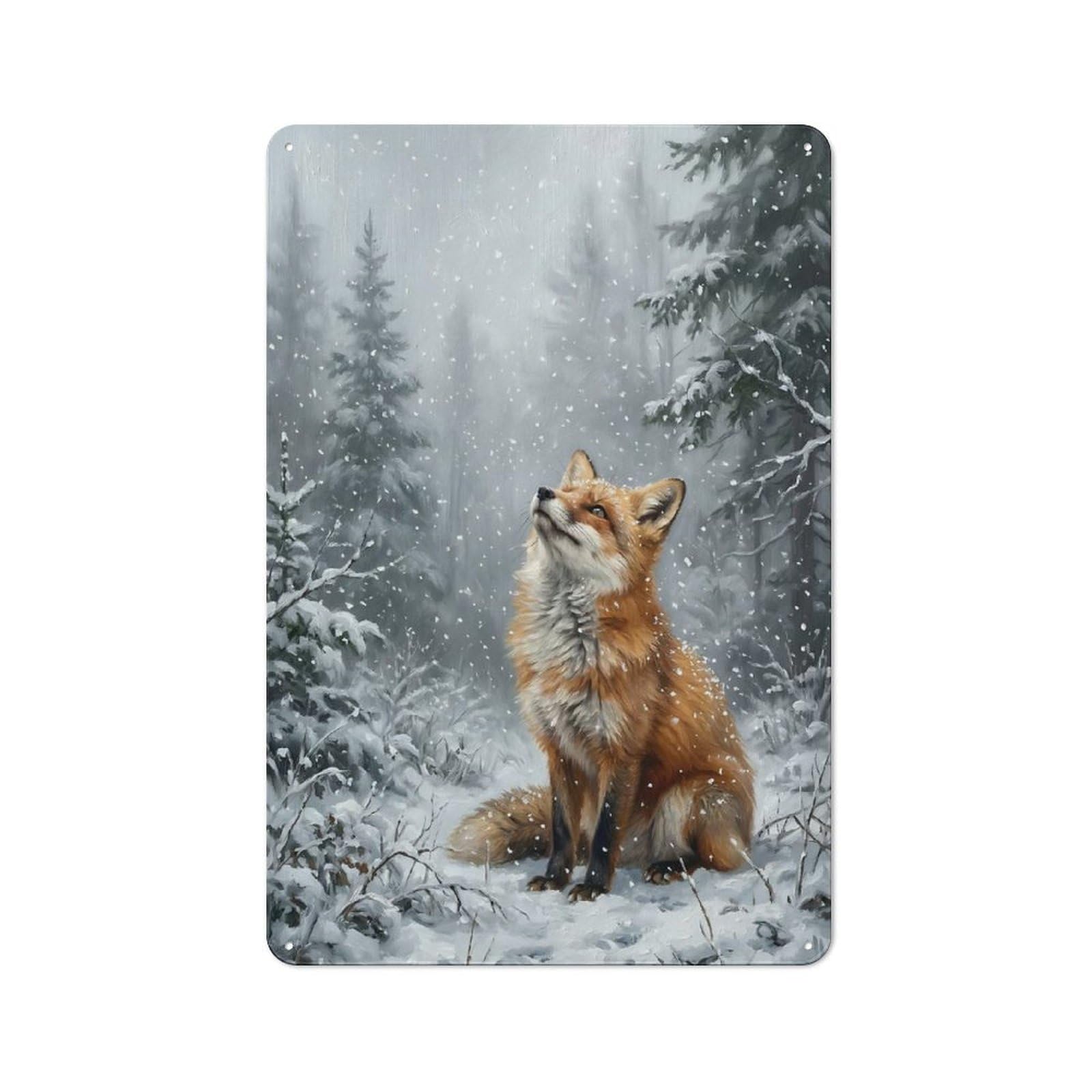 Junmoney Style-22 Fox In A Snowy Forest Vintage Metal Sign 30X20cm, Shop Front Style Cafe Wall Decor For Coffee Bar, Small Shop Or Dining Room