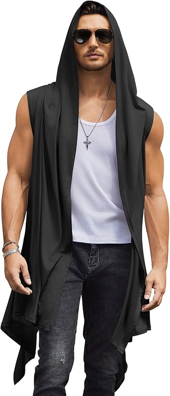 COOFANDY Mens Long Hooded Cardigan Sleeveless Ruffle Shawl Collar Lightweight Open Front Drape Kimono Vest