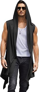 COOFANDY Men's Long Hooded Cardigan Sleeveless Ruffle Shawl Collar Lightweight Open Front Drape Kimono Vest