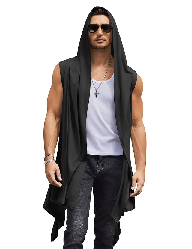 COOFANDY Mens Long Hooded Cardigan Sleeveless Ruffle Shawl Collar Lightweight Open Front Drape Kimono Vest