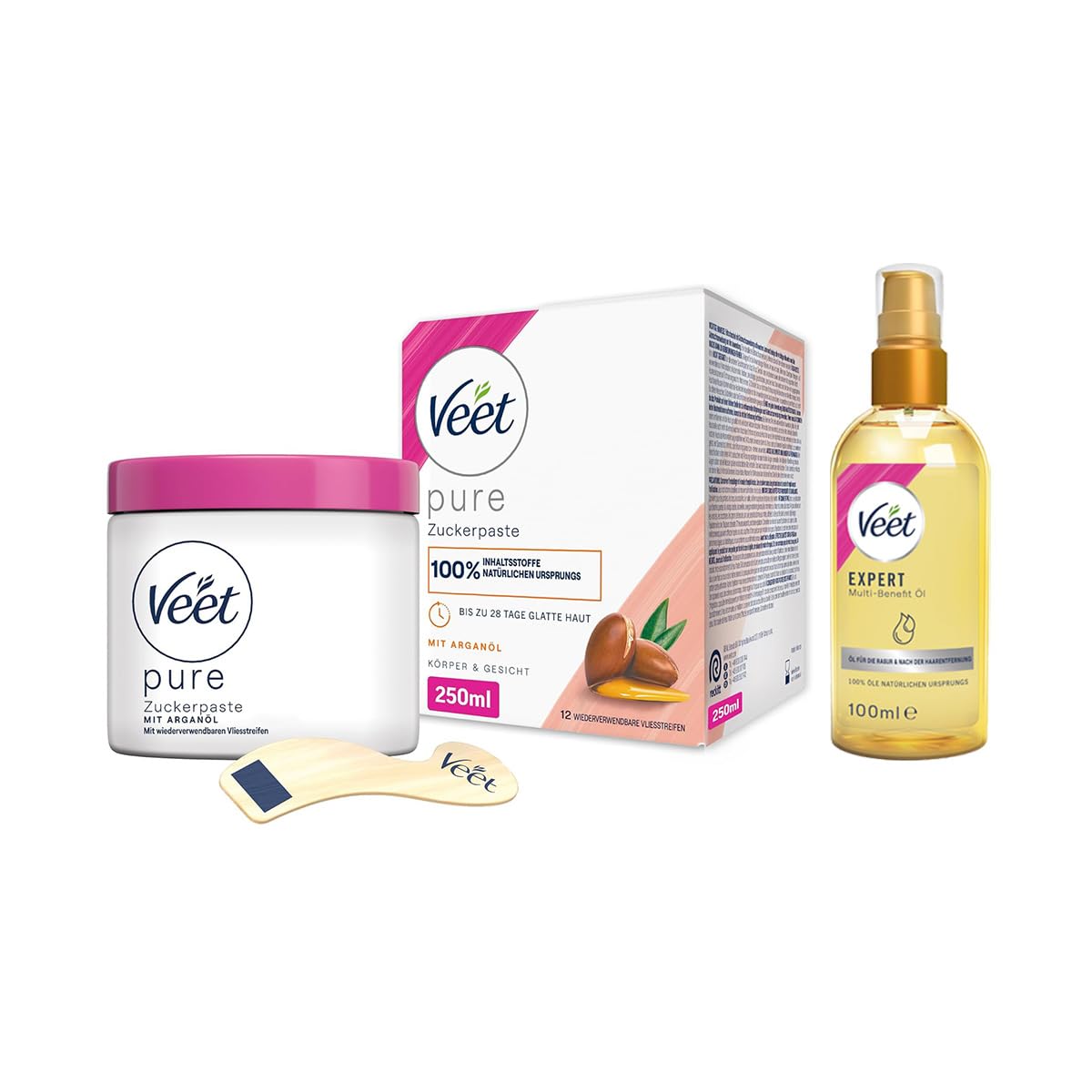 Veet Sugaring Zuckerpaste mit Arganöl für die Haarentfernung an Körper & Gesicht (250ml) + Körperöl für die Rasur & nach der Haarentfernung (100ml)