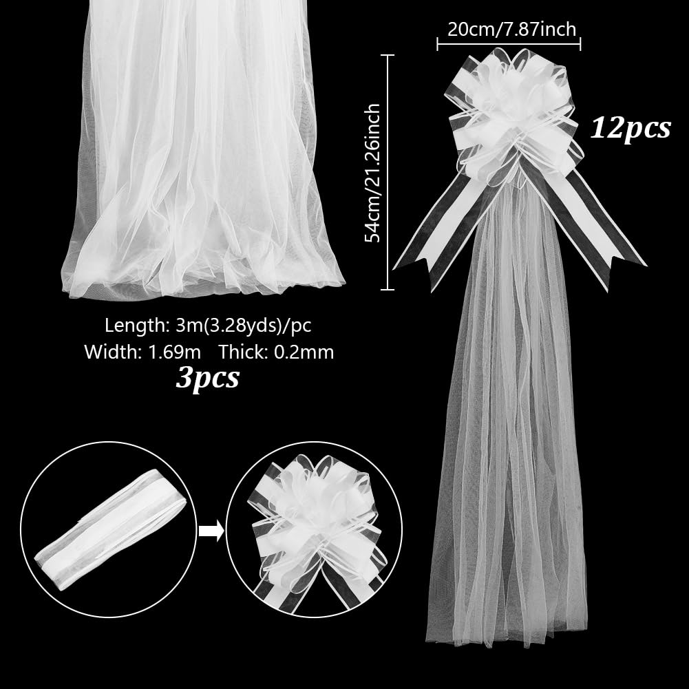 AHANDMAKER Set di 12 fiocchi grandi per matrimoni, con code di tulle lunghe 899,2 cm, decorazioni per corridoi nuziali, per addio al nubilato, ricevimenti, cerimonie, anniversari, feste di Natale