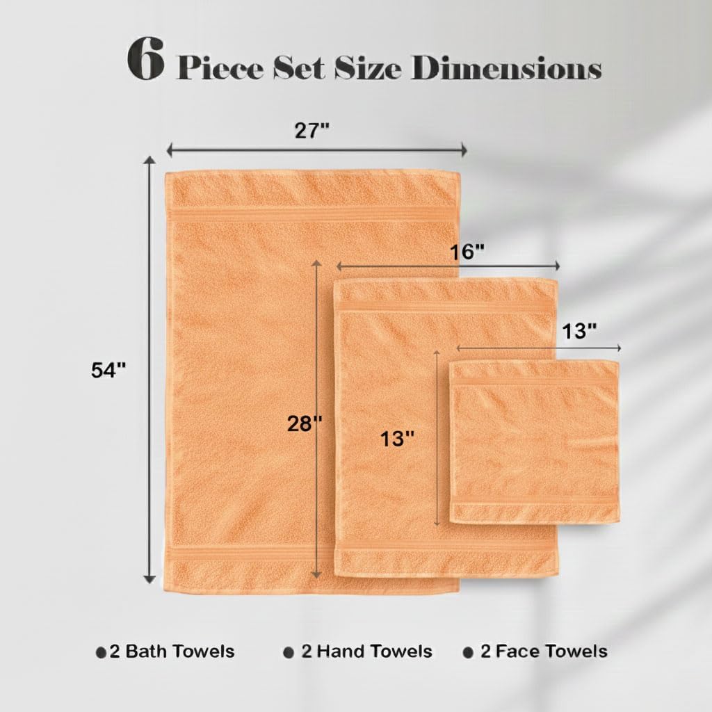 Superior Miami 6 Piece Towel Set 100% Cotton Lightweight Essentials for Home, Gym, Beach, Bathroom, Quick-Drying and Durable, Chevron Trim, Includes 2 Bath, 2 Hand, 2 Washcloths, Peach