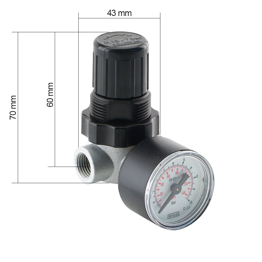 Mini Druckregler Druckminderer Druckluftminderer 340 l/min Regler; mit Manometer (G 1/4", Druckregelbereich: 0,5-10 bar)