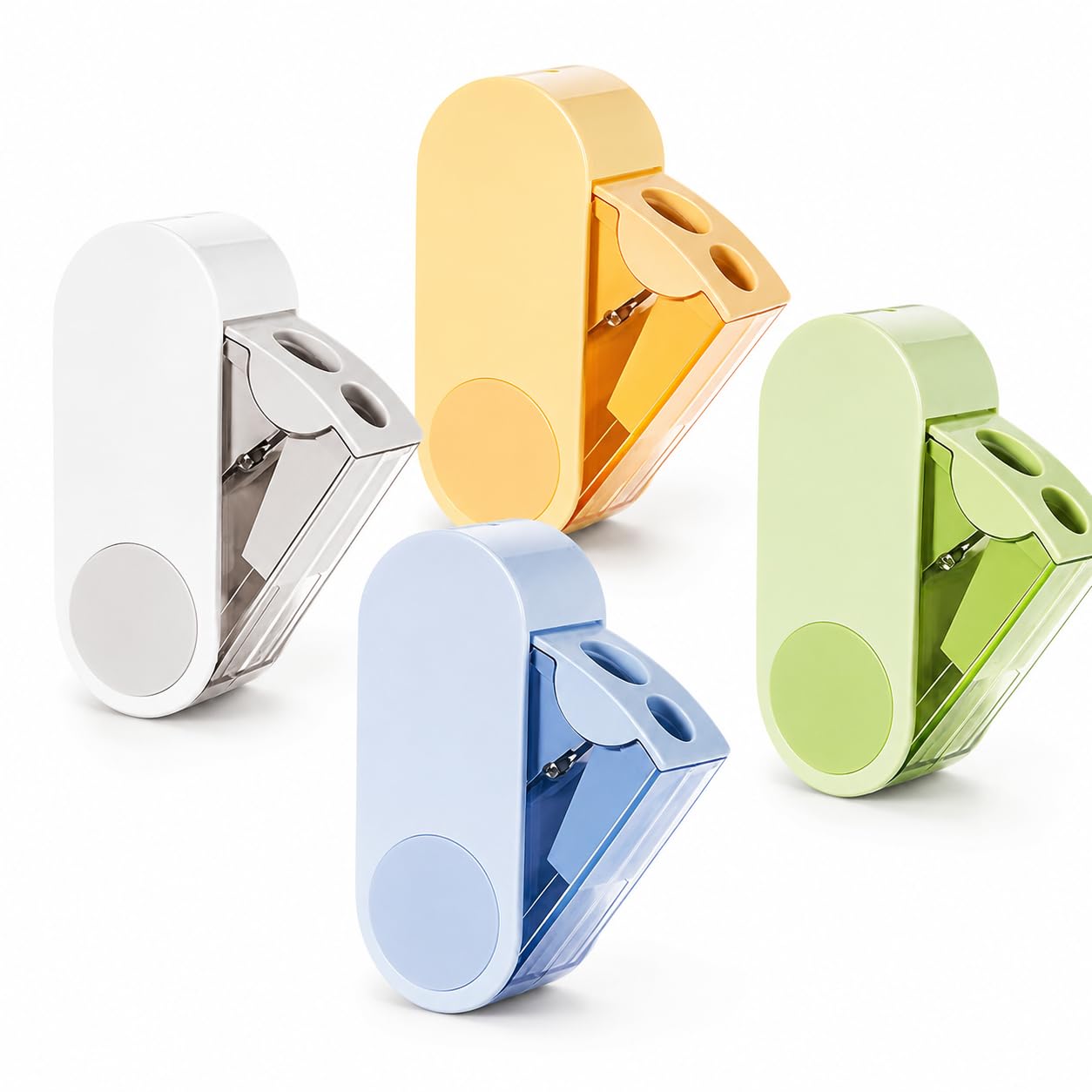 4 Pack Pencil Sharpener, Dual Hole Rotary Pencil Sharpeners with Transparent Container, Compact Manual Sharpener for Kids Students School Home Office Art, Blue Green Yellow White, Plastic