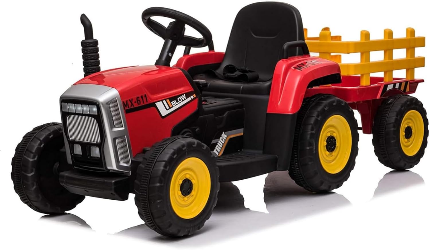 12V Kids Ride on Tractor with Trailer & Remote Control, Electric Tractor for Toddlers Ages 3-6, Battery Powered Ride-on Car with 7-LED Lights, 2+1 Gear Shift, MP3 Player (Red, Tread Tire