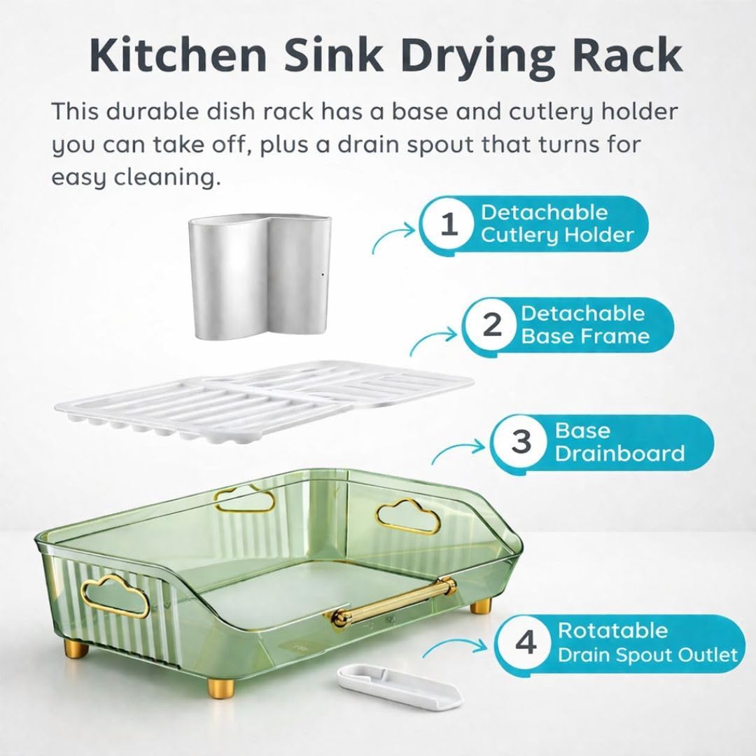Dish Drying Rack for Kitchen Counter with Drain Board, Utensil Holder - Dish Drainer in Sink, Space-Saving Drying Tray for Dishes and Fruits (Clear Green with Gold Accent)