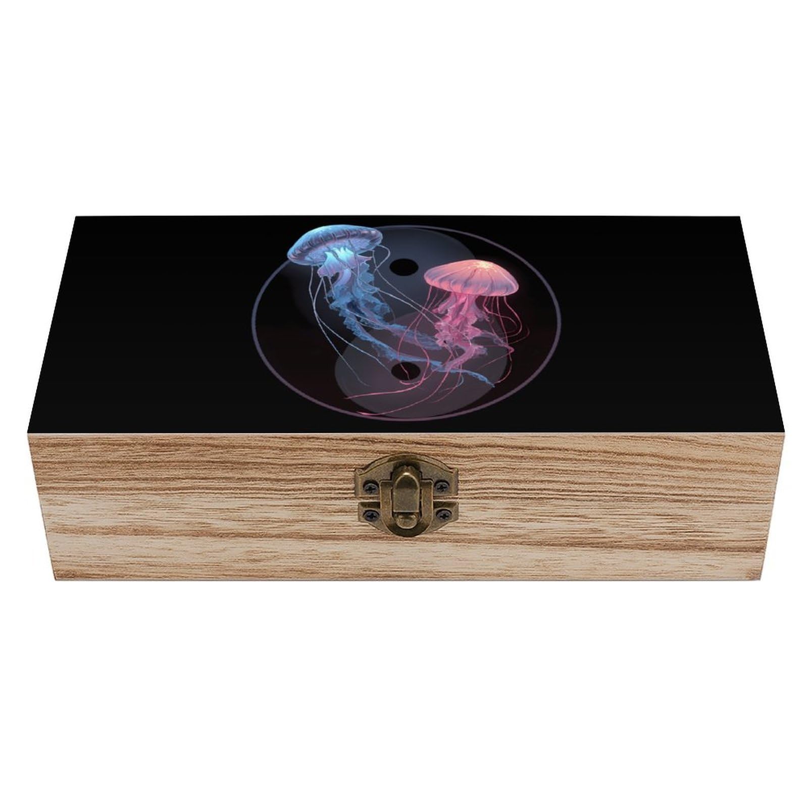 Jellyfish Wooden Box with Hinged Lid Decorative Storage Case Container