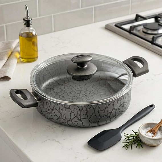 Papilla 24 cm Karnıyarık Tenceresi - İç ve Dış Karemel ve Gümüş Renk Magma Desenli Cam Kapaklı Sığ Tencere (GÜMÜŞ)