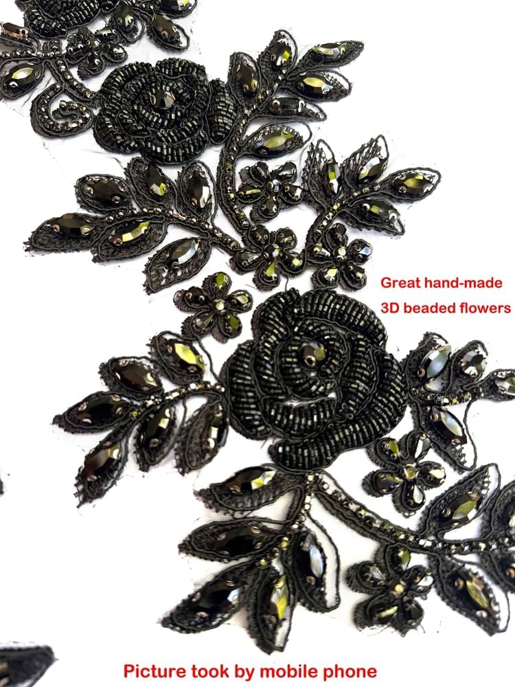Beaded Rose Flowers&Leaves Rhinestone Pair Applique in Black for Prom Dress Belt,Bag,Light,GIFF Wrapping Arts Crafts Sewing decorat(PH23011BL)