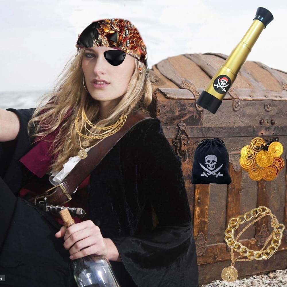 9PCS Pirate Costume Accessories Women with Head Scarf Wrap Pirate Eye Patch Sash Belt Necklace,Bracelet,Binocular,Coins - Image 5