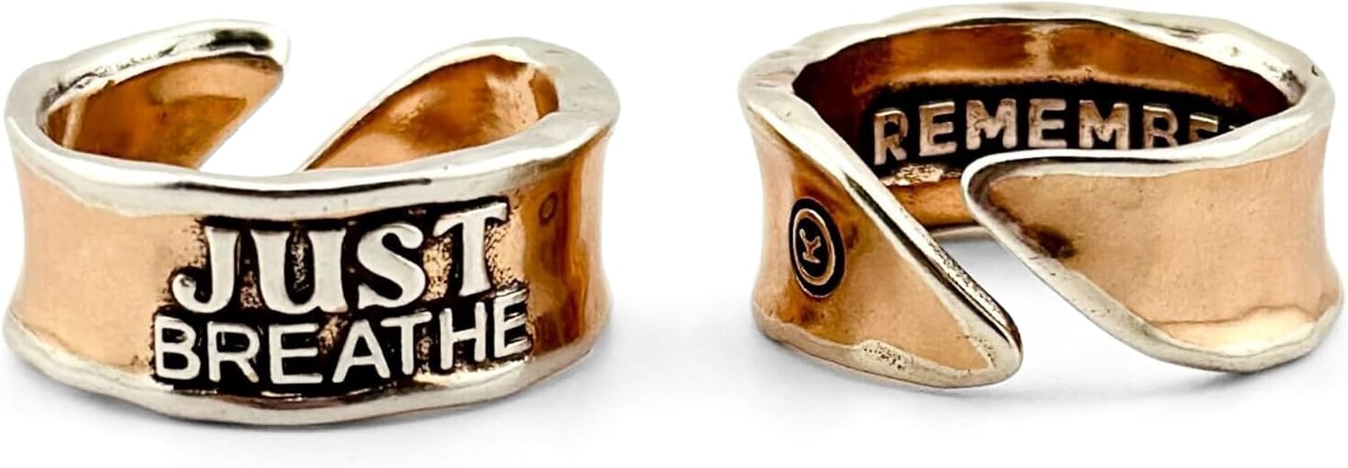 Katia Designs Just Breathe Remember Adjustable Ring – Two-Tone Gold & Silver Finish – Inspirational Thumb or Finger Ring for Women – Nickel-Free, Size Adjustable, Motivational Jewelry Gift