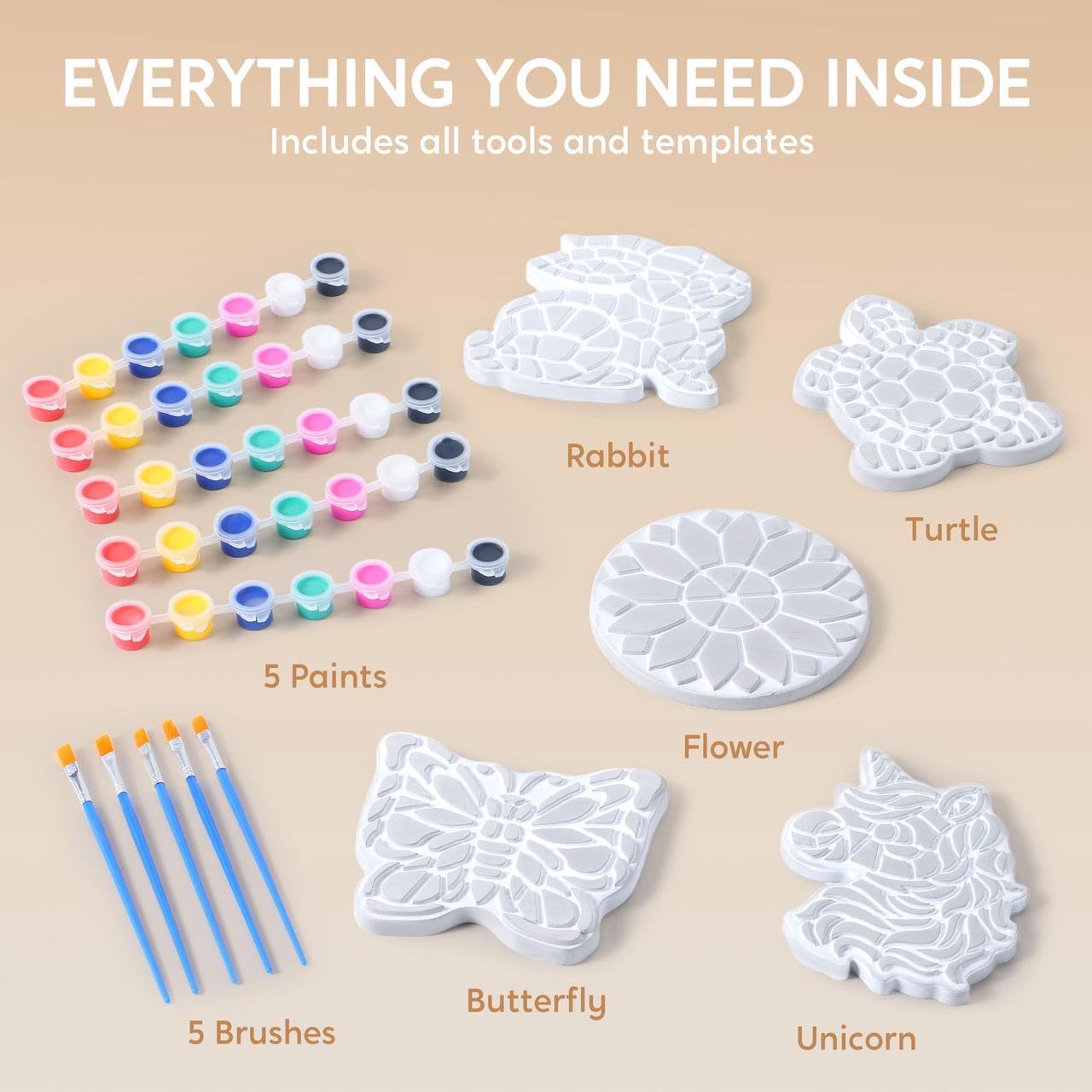 Klever Kits JOVA Stepping Stones Painting Kit for Kids - Paint 5 Garden Stones, Ceramic Garden Decor, Unicorn Craft Kits for Boys, Easter Crafts Gifts for Boy, Girl Age 8+ Year Old - Summer Gift